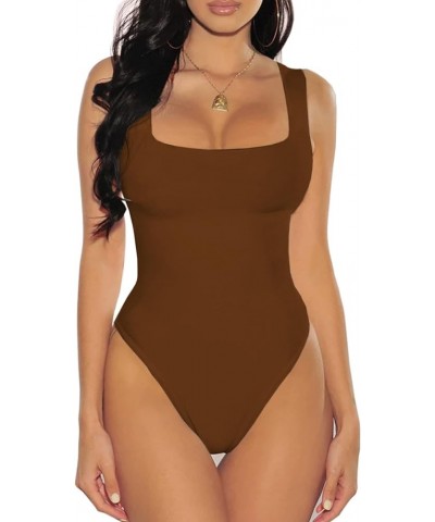 Women Tank Bodysuits Square Neck Sleeveless T Shirt Tank Tops Brown $9.67 Lingerie