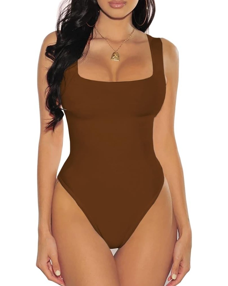 Women Tank Bodysuits Square Neck Sleeveless T Shirt Tank Tops Brown $9.67 Lingerie