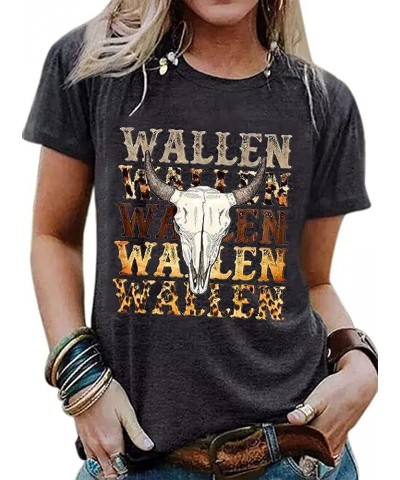 Women Retro Cattle Skull Leopard Graphic Tee Tops Rodeo Country Music Casual T-Shirt Western Cowgirl T-Shirt Gray-3 $10.12 Tops