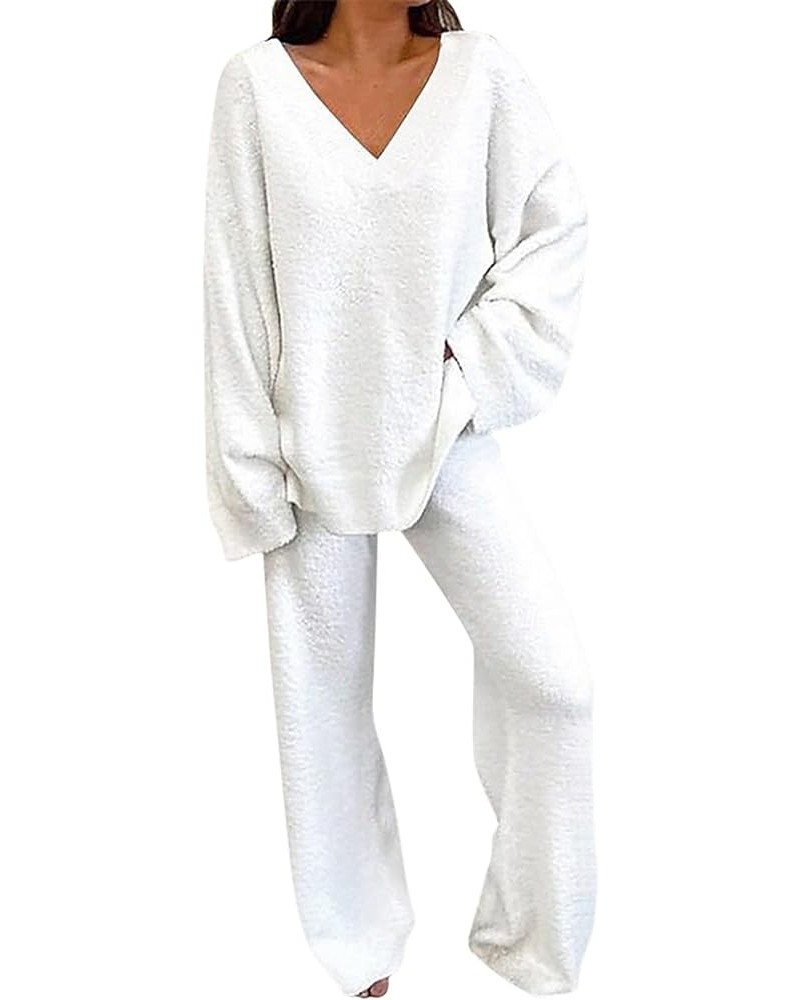 Womens Pajamas Set V Neck Sexy Comfy Plus Size Sleepwear Long Sleeve Wide Leg Loose Soft Fuzzy Warm Lounge Sets C-white $16.9...