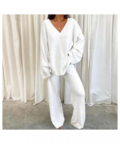 Womens Pajamas Set V Neck Sexy Comfy Plus Size Sleepwear Long Sleeve Wide Leg Loose Soft Fuzzy Warm Lounge Sets C-white $16.9...