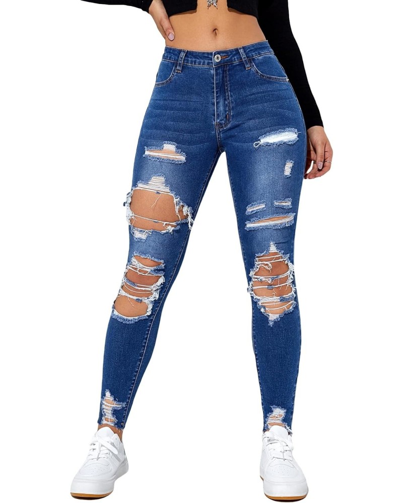 Women's Ripped Cut Out Raw Hem Long Skinny Jeans Button Denim Pants Medium Wash S $22.08 Jeans