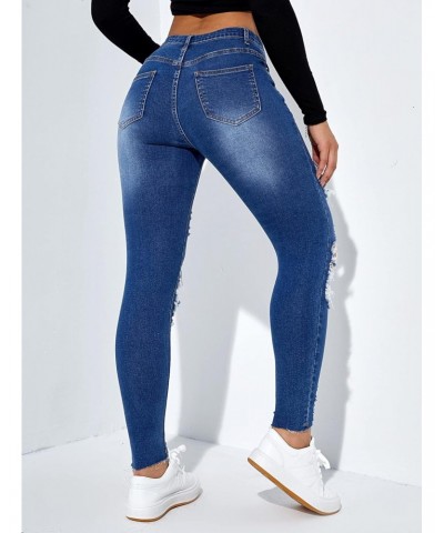 Women's Ripped Cut Out Raw Hem Long Skinny Jeans Button Denim Pants Medium Wash S $22.08 Jeans