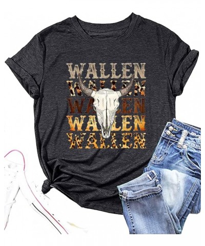 Women Retro Cattle Skull Leopard Graphic Tee Tops Rodeo Country Music Casual T-Shirt Western Cowgirl T-Shirt Gray-3 $10.12 Tops