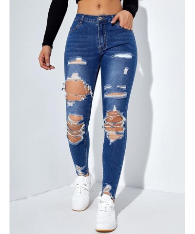 Women's Ripped Cut Out Raw Hem Long Skinny Jeans Button Denim Pants Medium Wash S $22.08 Jeans