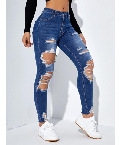 Women's Ripped Cut Out Raw Hem Long Skinny Jeans Button Denim Pants Medium Wash S $22.08 Jeans