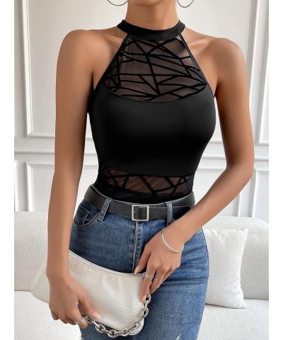 Women's Sleeveless Scoop Neck High Cut Skinny Mesh Tank Top Bodysuit Line Black $17.39 Bodysuits