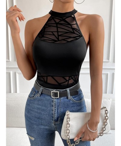 Women's Sleeveless Scoop Neck High Cut Skinny Mesh Tank Top Bodysuit Line Black $17.39 Bodysuits