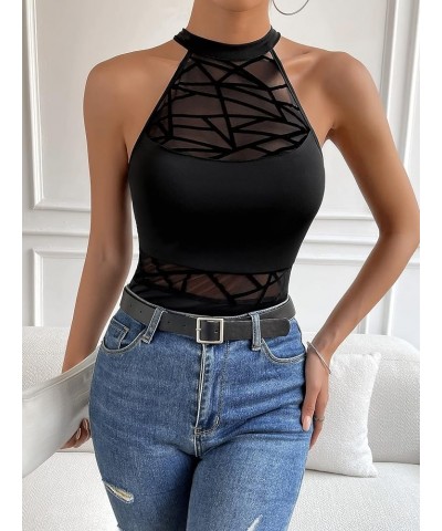 Women's Sleeveless Scoop Neck High Cut Skinny Mesh Tank Top Bodysuit Line Black $17.39 Bodysuits