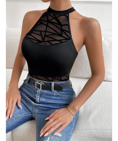 Women's Sleeveless Scoop Neck High Cut Skinny Mesh Tank Top Bodysuit Line Black $17.39 Bodysuits