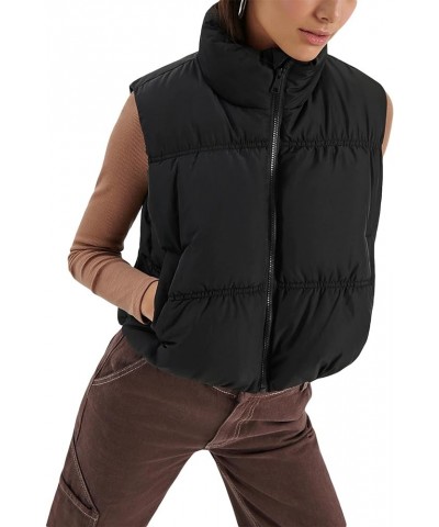 Women Cropped Puffer Vest Zip Up Stand Collar Sleeveless Padded Winter Puffy Vests Quilted Outerwear Black $10.70 Vests