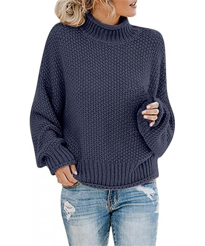 Womens Winter Fall Solid Color Turtleneck High Neck Balloon Long Sleeve Chunky Sweaters Oversized Pullover Outerwear Navy $11...