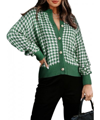 Cardigan Sweaters for Women V Neck Button Down Long Sleeve Plaid Knit Cardigans Sweater Tops Green $17.22 Sweaters