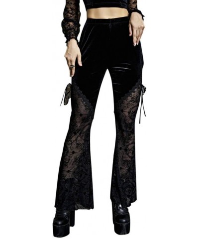 Women Gothic Punk Velvet Mesh Flare Pants See Through Floral Print High Waist Bell Bottom Trousers Black Velvet $20.19 Pants