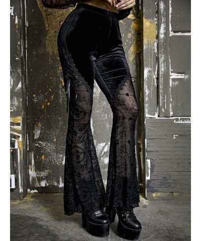 Women Gothic Punk Velvet Mesh Flare Pants See Through Floral Print High Waist Bell Bottom Trousers Black Velvet $20.19 Pants