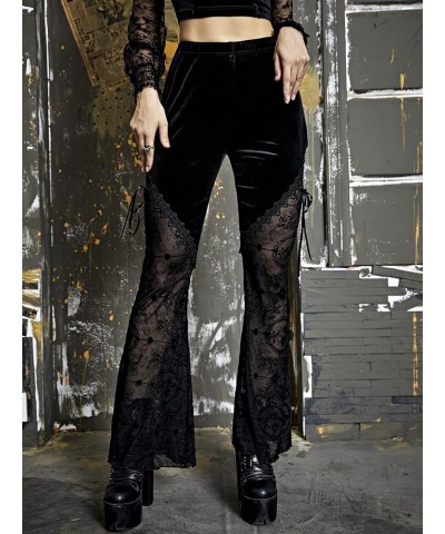 Women Gothic Punk Velvet Mesh Flare Pants See Through Floral Print High Waist Bell Bottom Trousers Black Velvet $20.19 Pants