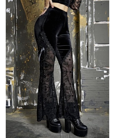 Women Gothic Punk Velvet Mesh Flare Pants See Through Floral Print High Waist Bell Bottom Trousers Black Velvet $20.19 Pants