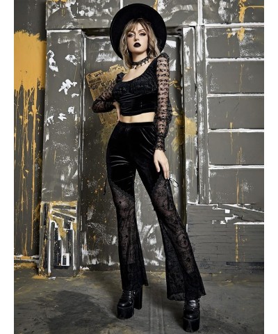 Women Gothic Punk Velvet Mesh Flare Pants See Through Floral Print High Waist Bell Bottom Trousers Black Velvet $20.19 Pants