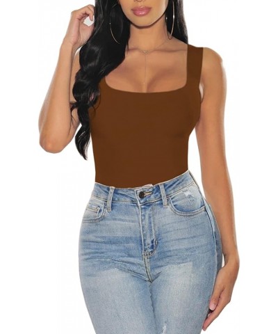 Women Tank Bodysuits Square Neck Sleeveless T Shirt Tank Tops Brown $9.67 Lingerie