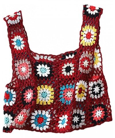 Women's Crochet Knit Tank Top Colorful Floral Embroidery Knit Vest Tops Sleeveless Summer Boho Camisole Beachwear Wine Red01 ...