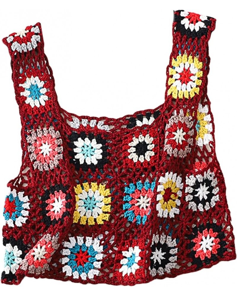 Women's Crochet Knit Tank Top Colorful Floral Embroidery Knit Vest Tops Sleeveless Summer Boho Camisole Beachwear Wine Red01 ...