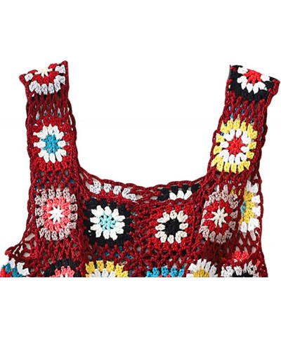 Women's Crochet Knit Tank Top Colorful Floral Embroidery Knit Vest Tops Sleeveless Summer Boho Camisole Beachwear Wine Red01 ...