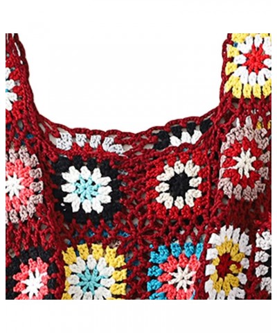 Women's Crochet Knit Tank Top Colorful Floral Embroidery Knit Vest Tops Sleeveless Summer Boho Camisole Beachwear Wine Red01 ...