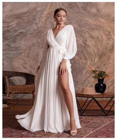 Chiffon Long Sleeve Bridesmaid Dresses for Women Double V Neck Ruched High Slit A-line Prom Dress with Sash Light Blue $25.30...