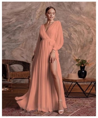 Chiffon Long Sleeve Bridesmaid Dresses for Women Double V Neck Ruched High Slit A-line Prom Dress with Sash Light Blue $25.30...