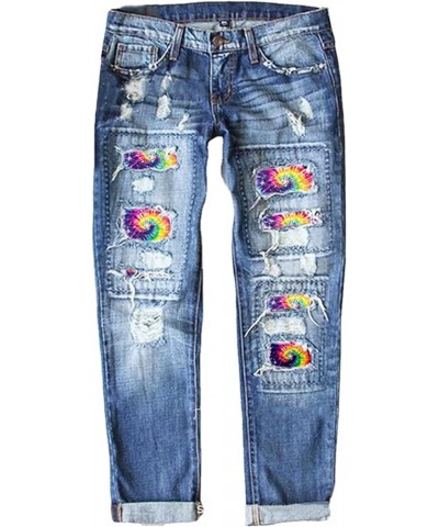 Womens Boyfriend Jeans Mid Waist Ripped Hole Colorful Tie-Dye Print Patch Straight Trousers Denim Pants Blue $19.80 Jeans