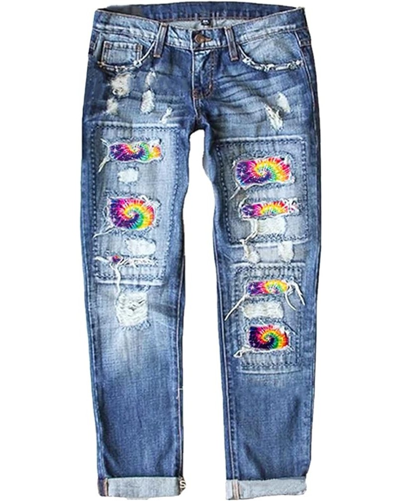 Womens Boyfriend Jeans Mid Waist Ripped Hole Colorful Tie-Dye Print Patch Straight Trousers Denim Pants Blue $19.80 Jeans