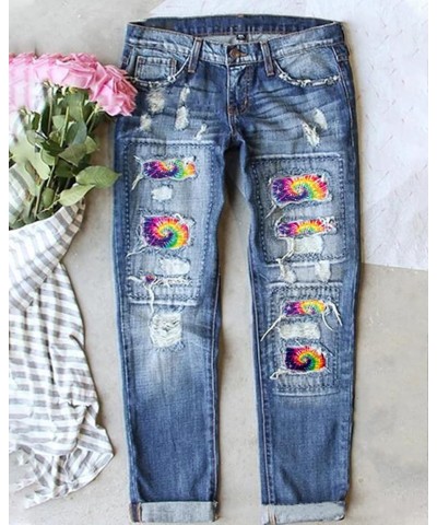 Womens Boyfriend Jeans Mid Waist Ripped Hole Colorful Tie-Dye Print Patch Straight Trousers Denim Pants Blue $19.80 Jeans