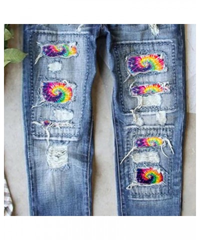 Womens Boyfriend Jeans Mid Waist Ripped Hole Colorful Tie-Dye Print Patch Straight Trousers Denim Pants Blue $19.80 Jeans