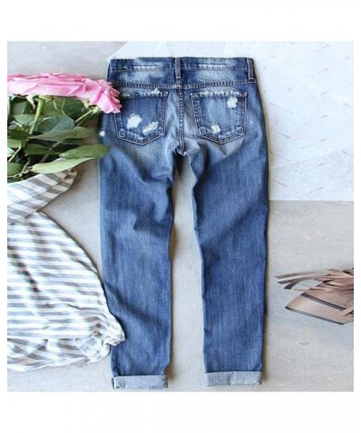 Womens Boyfriend Jeans Mid Waist Ripped Hole Colorful Tie-Dye Print Patch Straight Trousers Denim Pants Blue $19.80 Jeans