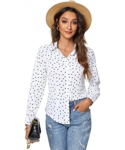 Womens Long Sleeve Button Down Shirts Classic Work Blouse Stretch Formal Casual Dress Shirt White Wave Point $16.23 Blouses