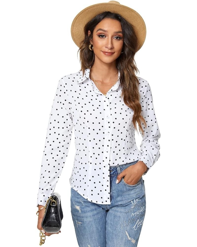 Womens Long Sleeve Button Down Shirts Classic Work Blouse Stretch Formal Casual Dress Shirt White Wave Point $16.23 Blouses