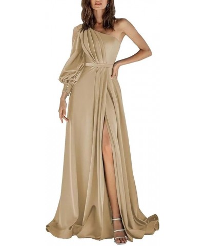 One Shoulder Satin Prom Dress Long Sleeve Pleated A Line Formal Evening Gowns with Slit Champagne $34.30 Dresses