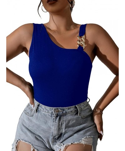 Women's Plus Size Chain Linked Asymmetrical Neck Sleeveless Slim Fit Tank Tops Royal Blue $11.99 Tanks