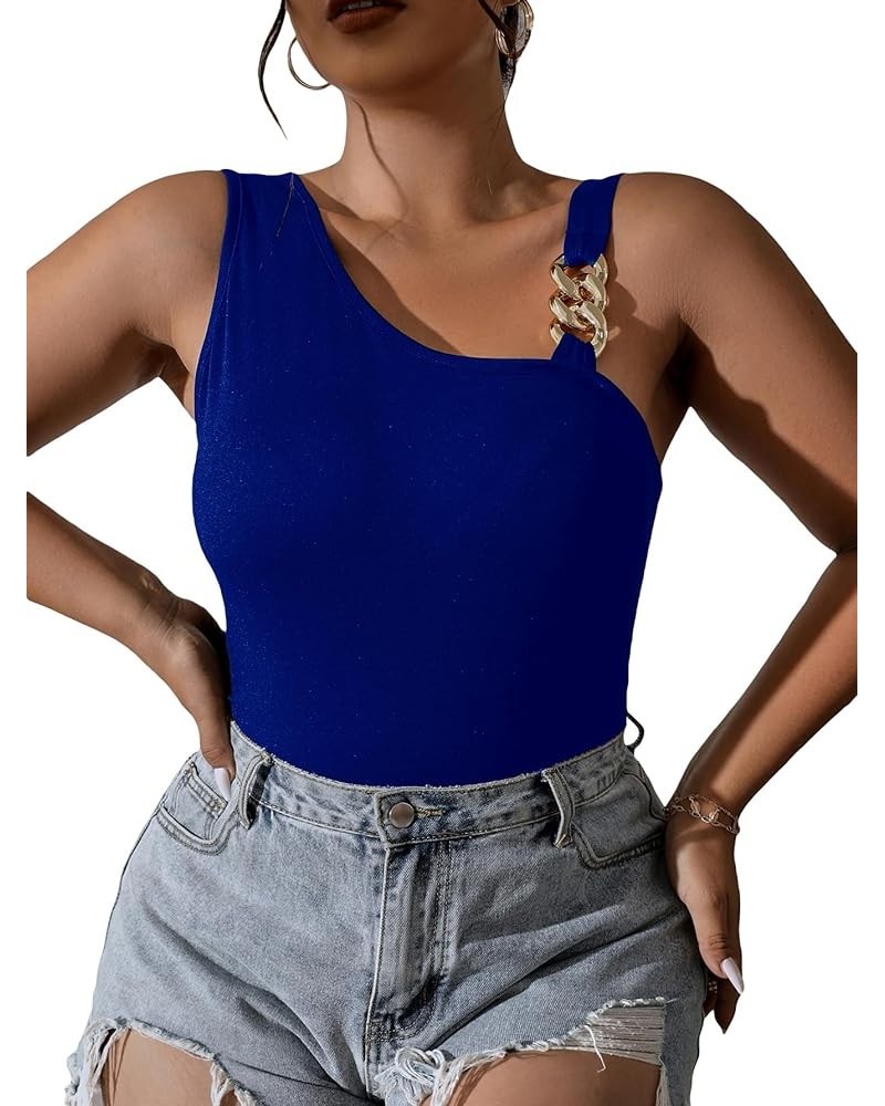 Women's Plus Size Chain Linked Asymmetrical Neck Sleeveless Slim Fit Tank Tops Royal Blue $11.99 Tanks