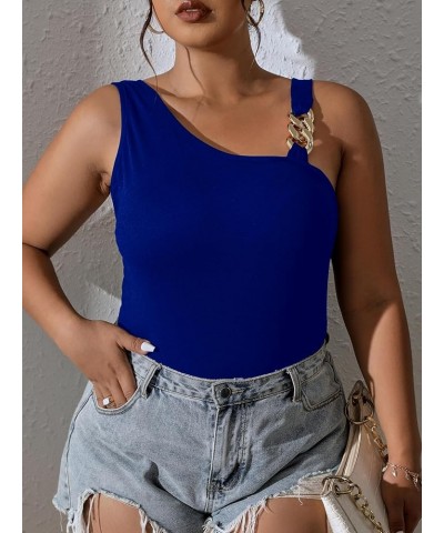 Women's Plus Size Chain Linked Asymmetrical Neck Sleeveless Slim Fit Tank Tops Royal Blue $11.99 Tanks