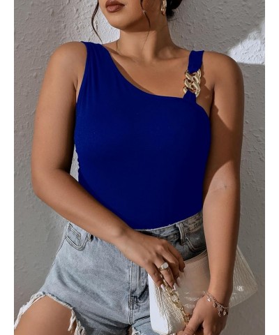 Women's Plus Size Chain Linked Asymmetrical Neck Sleeveless Slim Fit Tank Tops Royal Blue $11.99 Tanks