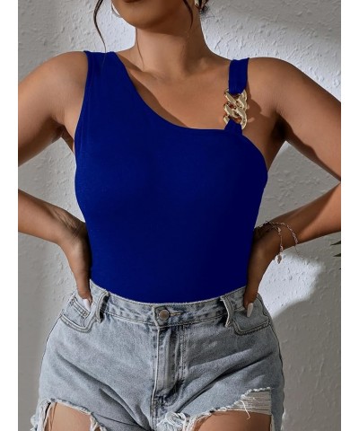 Women's Plus Size Chain Linked Asymmetrical Neck Sleeveless Slim Fit Tank Tops Royal Blue $11.99 Tanks