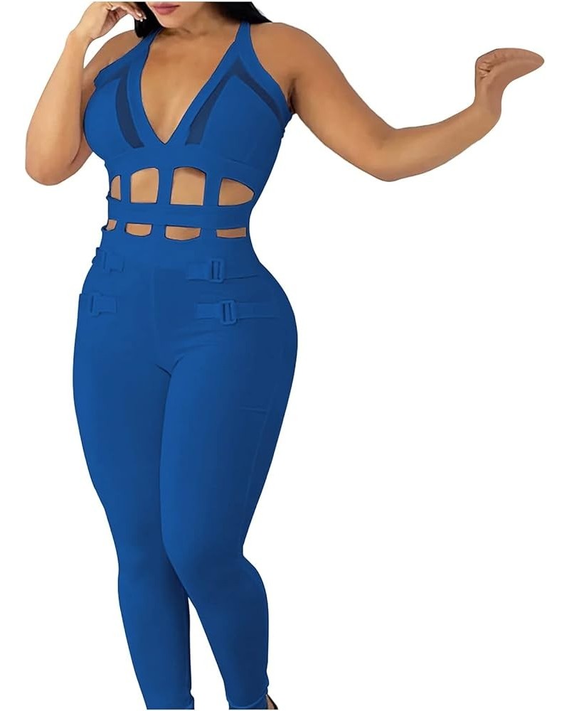 Women Solid V Neck Halter Backless Sleeveless Lace Up Jumpsuit Long Slim Trousers Hollow Jumpsuits Religion Blue $13.14 Jumps...