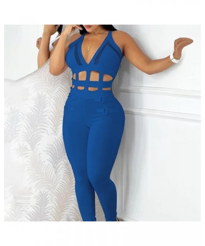 Women Solid V Neck Halter Backless Sleeveless Lace Up Jumpsuit Long Slim Trousers Hollow Jumpsuits Religion Blue $13.14 Jumps...