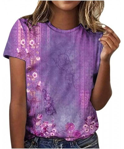 Womens Short Sleeve Blouse Tops Round Neck Tunic Print Tops 2024 Spring Tee Daily Casual Shirt 5-purple $7.94 Tops