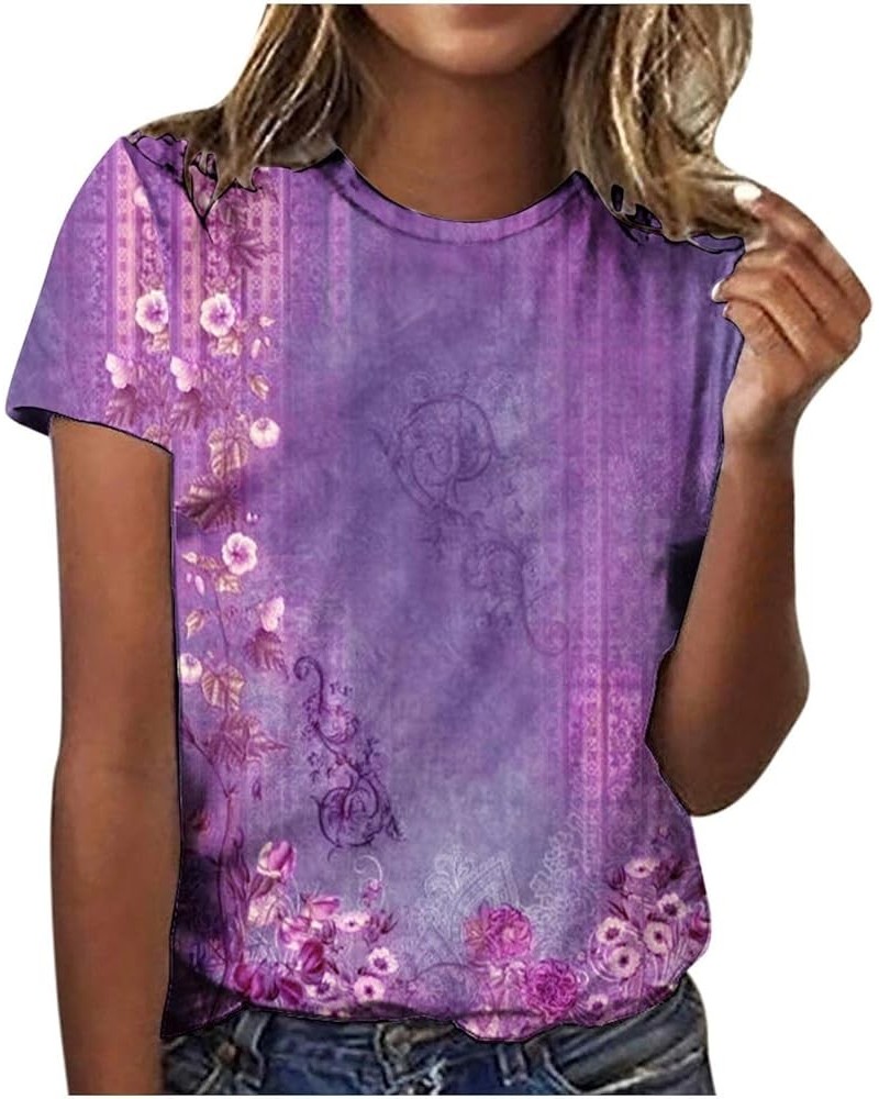 Womens Short Sleeve Blouse Tops Round Neck Tunic Print Tops 2024 Spring Tee Daily Casual Shirt 5-purple $7.94 Tops