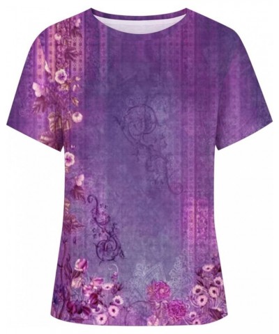 Womens Short Sleeve Blouse Tops Round Neck Tunic Print Tops 2024 Spring Tee Daily Casual Shirt 5-purple $7.94 Tops