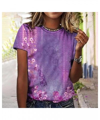 Womens Short Sleeve Blouse Tops Round Neck Tunic Print Tops 2024 Spring Tee Daily Casual Shirt 5-purple $7.94 Tops