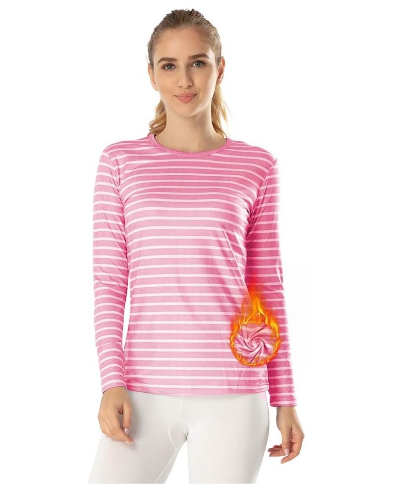 Womens Thermal Tops Fleece Lined Shirt Long Sleeve Base Layer Striped-light Pink $12.53 Underwear