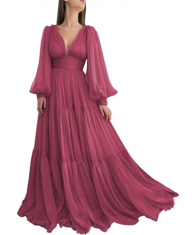 Long Tulle Puffy Sleeve Prom Dresses for Women Pleated V-Neck Ball Gown Evening Formal Gowns Desert Rose $40.49 Dresses